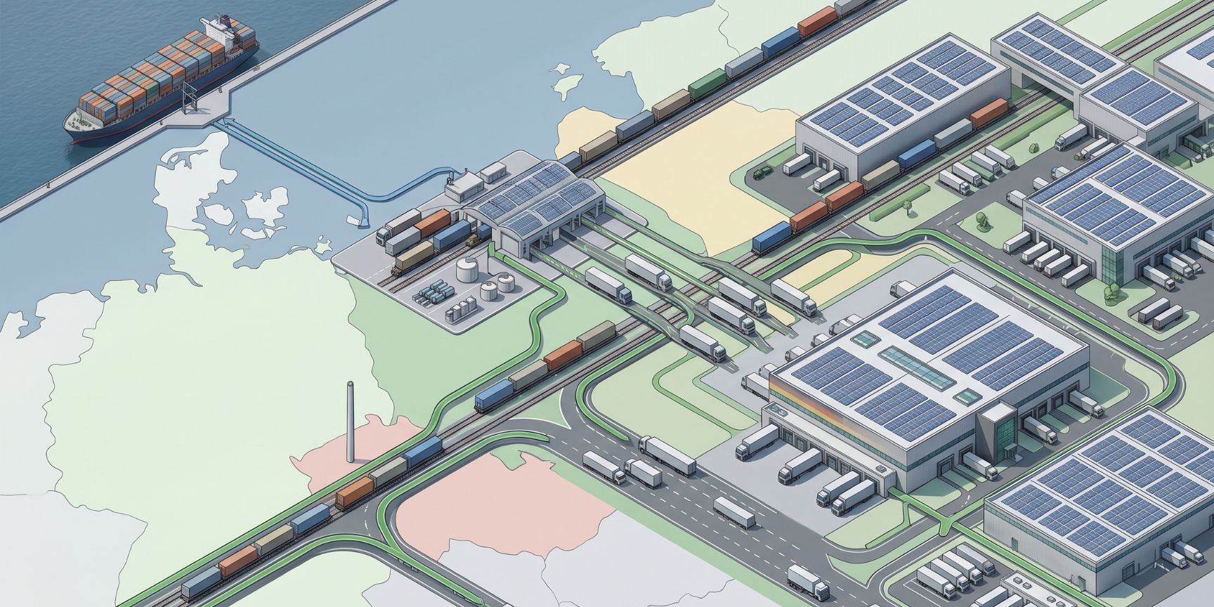 Isometric representation of a global friendshoring supply chain: freight transport from Asia via a modern multi-modal logistics hub in Eastern Europe to Germany by train and truck. Resilient contract logistics.